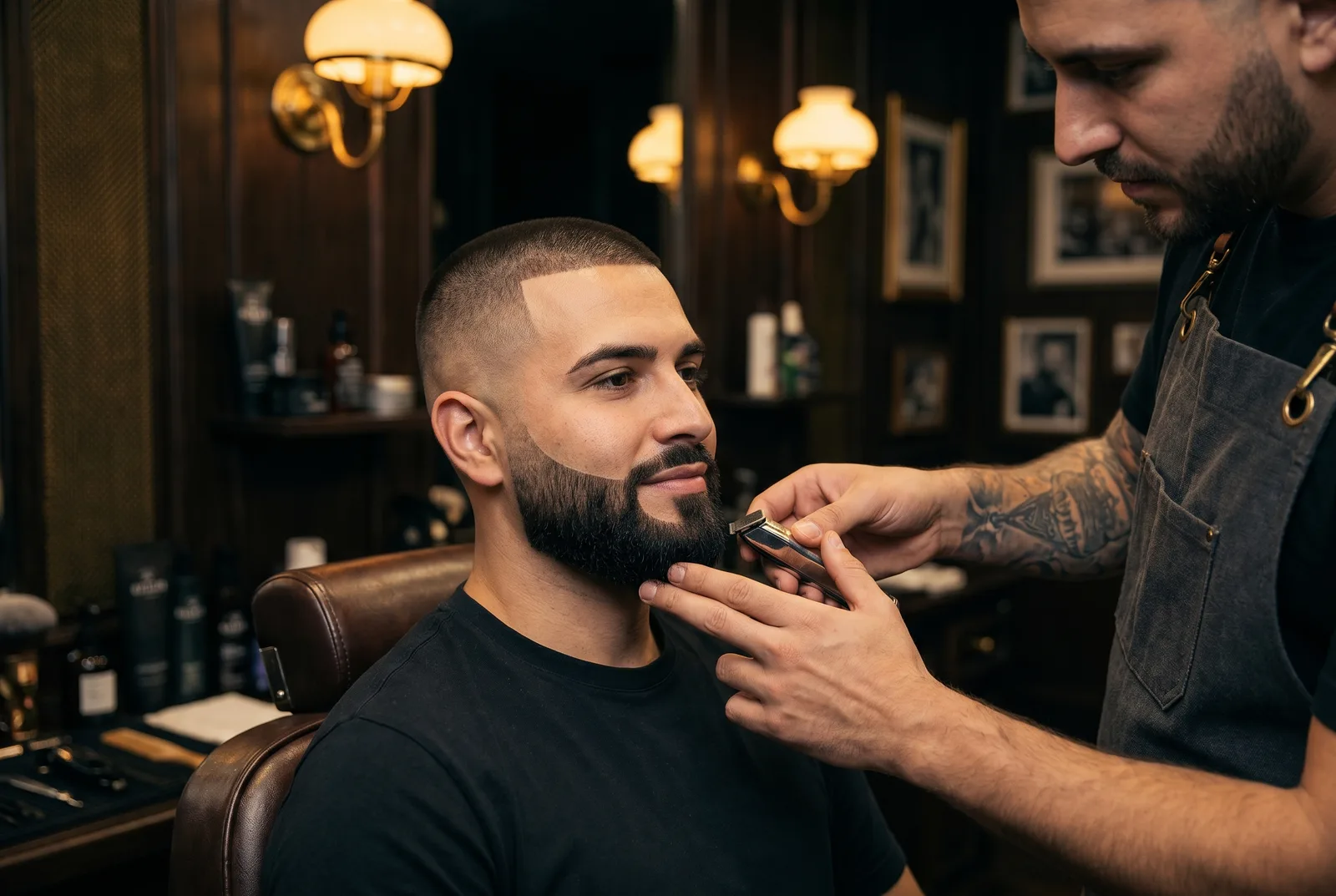 Skin fade with lined-up beard
